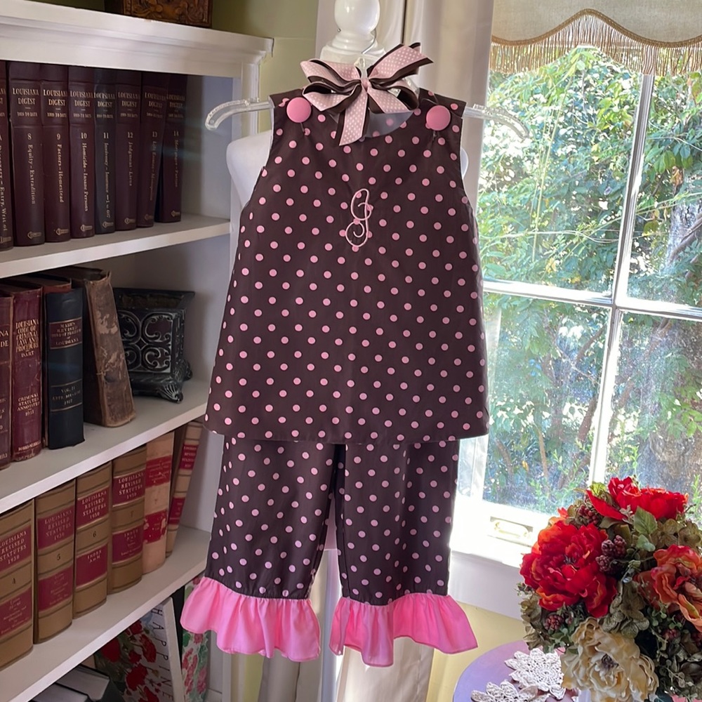 Girls Boutique Pink Polka Dot Monogram I Ruffle Pants Set With Custom Bow